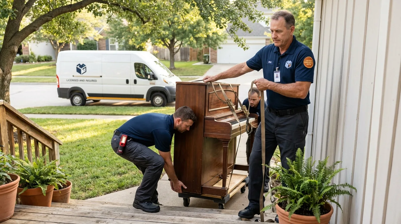 Licensed piano movers securing grand piano in Atlanta, GA