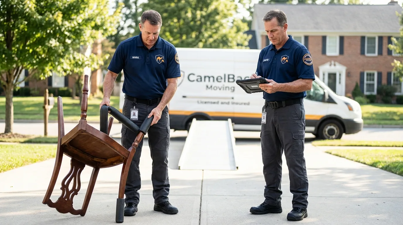 Movers inspecting furniture for damage prevention before loading in Atlanta, GA