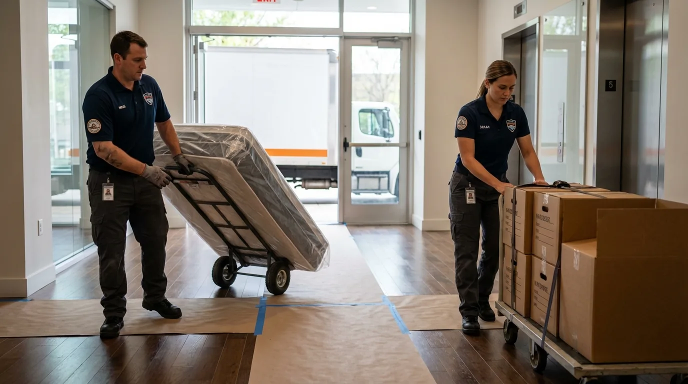 Professional apartment movers loading elevator in Atlanta, GA